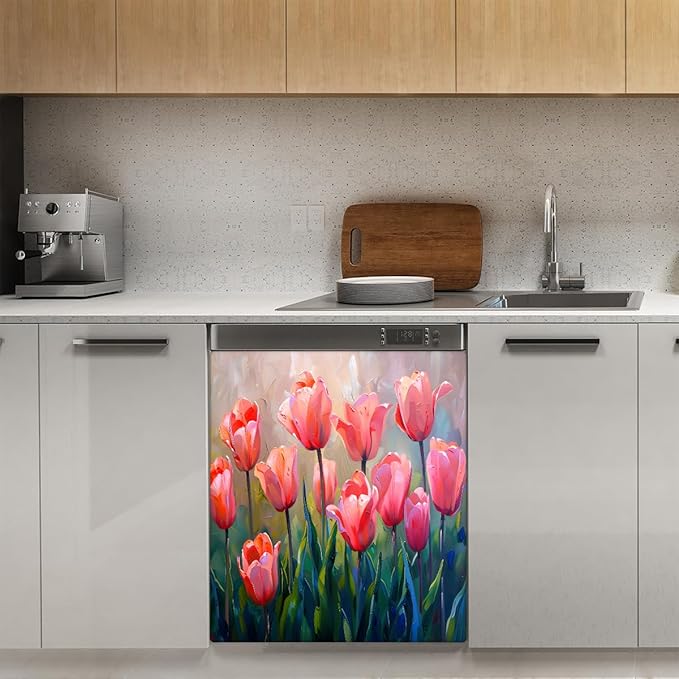 Dishwasher Magnet Cover Beautiful Tulip Flower Front Dishwasher Cover Decoration Reusable Magnetic Door Cover Panel Decal Home Appliances Stickers Kitchen Refrigerator Fridge 23"x26"