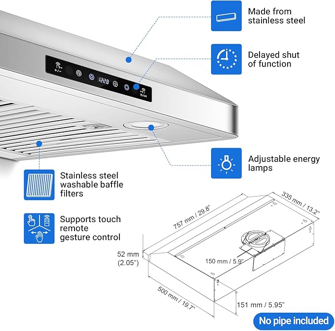 AMZCHEF Under Cabinet Range Hood 30 Inch, 750CFM Stainless Steel Kitchen Stove Vent Hood 3 Speed Exhaust Fan Touch/Remote/Gesture Control LED lights Time Setting Dishwasher-Safe Baffle Filters