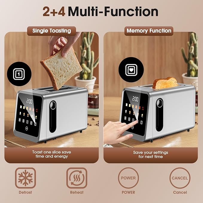 Touch Screen Toaster 2 Slice, Smart Digital with 1-Touch Memory, 1.5" Wide Slot for Bagels, 5 Bread Types & 6 Shade Settings, 900W, Defrost & Reheat