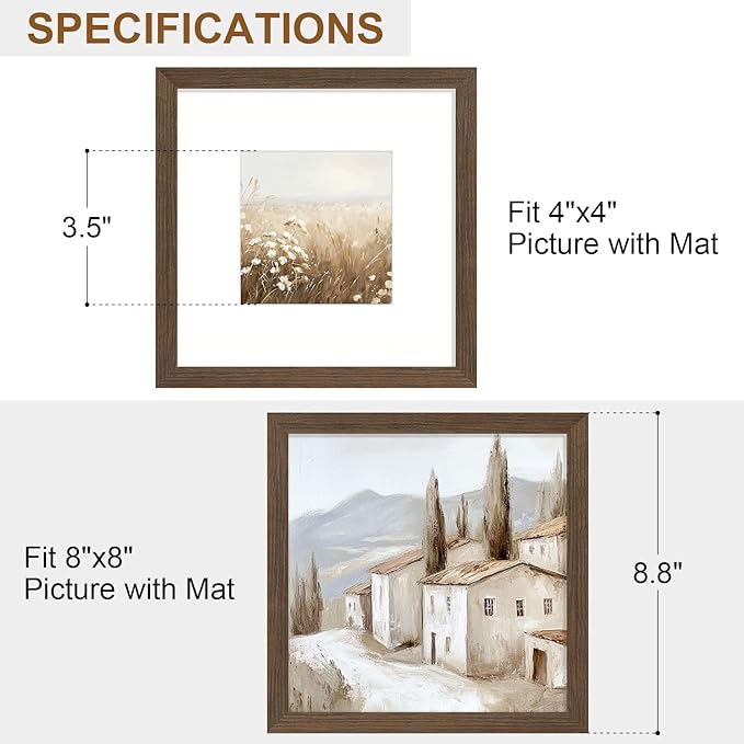 Vittanly 8x8 Picture Frame Set of 2, Solid Wood Frame for Wall or Tabletop, Display Photo 4x4 with Mat or 8x8 without Mat, Brown