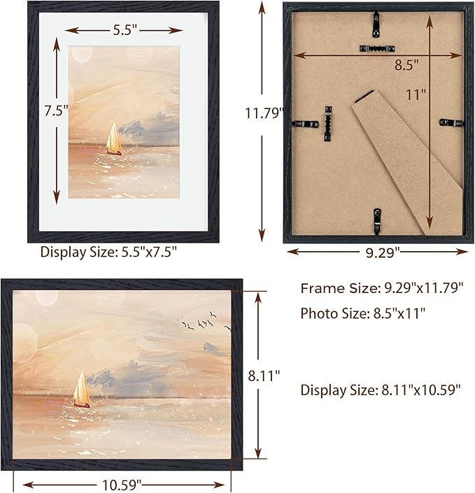 Fun Memories Solid Oak Wood Frame 8.5x11 With Real Glass - Display Poster 6x8 With Mat or 8.5x11 Without Mat - Wall Display Photo Frames, Black Color, 3 Pack