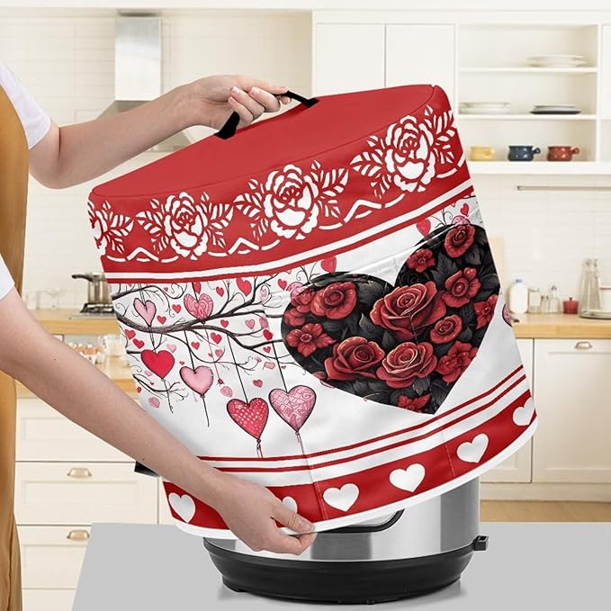 TODIYADDU Red Rose Heart Dust Cover for Electric Pressure Cooker Valentines Air Fryer Cover Dust Cover with Storage Pocket and Handle Portable Instant Pots 3 Quart Pressure Cooker Cover Present