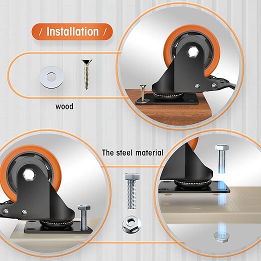 Casters, 3" Caster Wheels，Casters Set of 8 Heavy Duty - ASRINIEY Orange Polyurethane Castors, Top Plate Swivel Wheels, 8-Pack Industrial Casters with Brake, Locking Casters for Furniture and Workbench