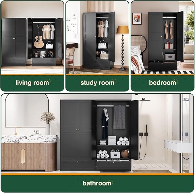 Letaya Wardrobe Closet,72" H Clothing Metal Storage Cabinet with Storage Drawer Adjustable Shelves and Hanging Rod,Bedroom Armoire Cabinet Clothes Organizer (Black) | Storage Drawer, Adjustable Shelves, Hanging Rod, Armoire Cabinet, Clothes Organizer