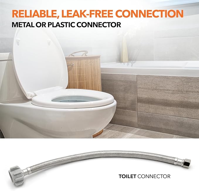 Stainless Steel Braided Water Connectors with Reinforced PVC Inner Hose for Toilets, 3/8" Compression x 7/8" Ballcock, 20" Length (5Pack)