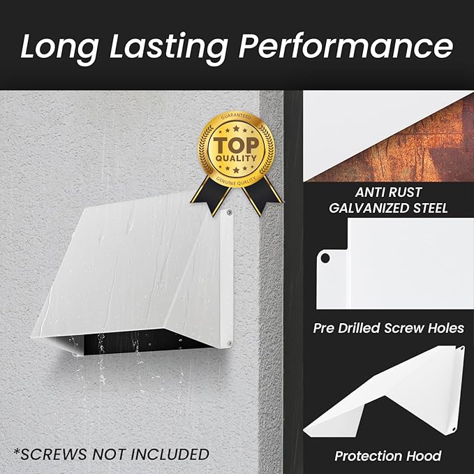 Repa Market 10 x 3 Inch White Galvanized Steel Vent Cover - Duct Exhaust/Inlet Rain Deflector - Weatherproof Guard for Ventilation Systems/Indoor/Outdoor Vent Hood/Air Vent Grille Protection Roof