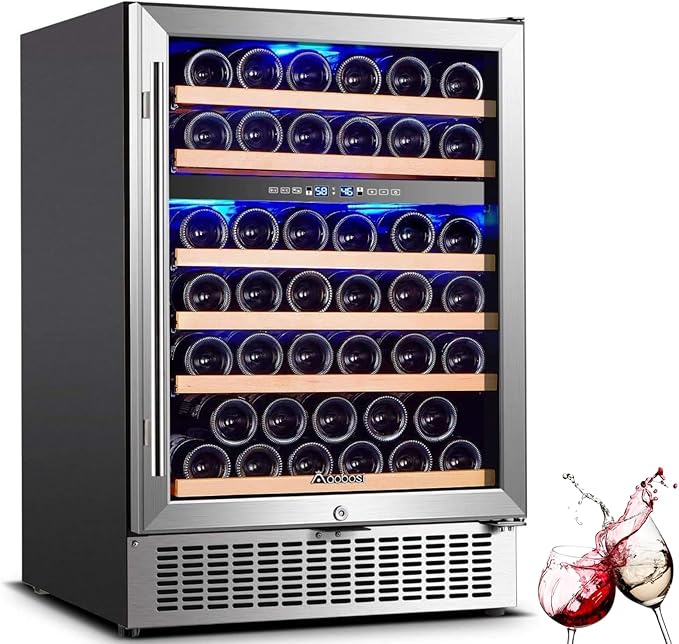 AAOBOSI Wine Fridge - 24-inch Dual Zone Wine Cooler Holds 51 Bottles, 41-64.4°F Wine Cooler Fridge with Digital Touch Screen, Built-in or Freestanding Fridge，for Home，Restaurant, Bar