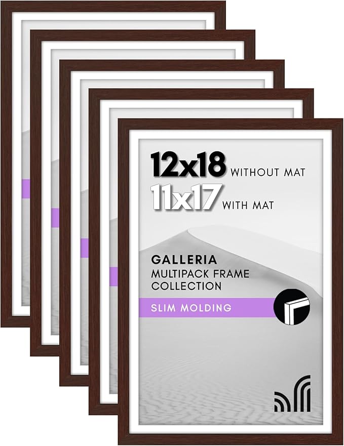 Americanflat 12x18 Poster Frame with Polished Plexiglass - Set of 5 - Use as 11x17 Frame with Mat or Display 12x18 Photo Without Mat - Galleria Collection - Picture Frames for Wall Display - Mahogany