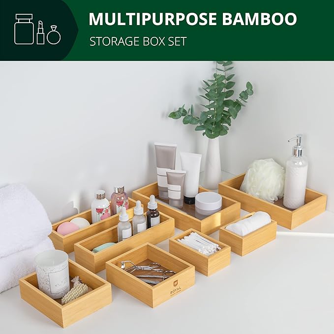 ROYAL CRAFT WOOD Bamboo Jewelry Organizer Box & Chests Set - Versatile Storage Solution for Makeup, Jewelry, and Bathroom Essentials (8 Boxes)