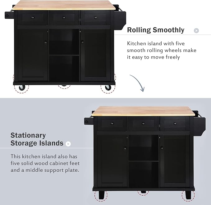 Favfurish Kitchen Island with Drop-Leaf Countertop, Internal Storage Cabinet Racks, Rolling Kitchen Cart on 5 Wheels with Open Shelves and 3 Drawers, Spice Holder, for Dining Room, Black