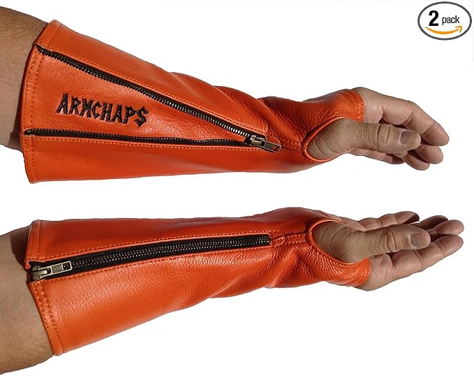 Arm Chaps Leather Protective Sleeves Arm Guard - Prevent Cuts, Scratches & Bruises - Genuine Cowhide - Ideal for Gardening & Construction - Left & Right Form-Fitting. Orange (1 Pair/X-Large).