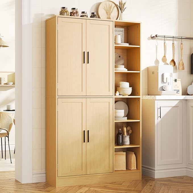 63" Tall Oak Kitchen Pantry, Freestanding Storage Cabinet with 4 Doors, Adjustable Shelves for Dining Room, Laundry Room