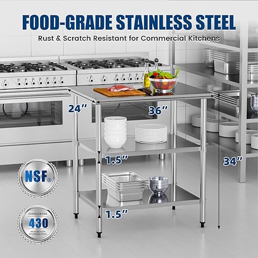 Stainless Steel Work Table 24 x 36 Inch with 2 Adjustable Undershelves, Heavy-Duty Metal Prep Table for Commercial Kitchen & Restaurant, Garage, Outdoor