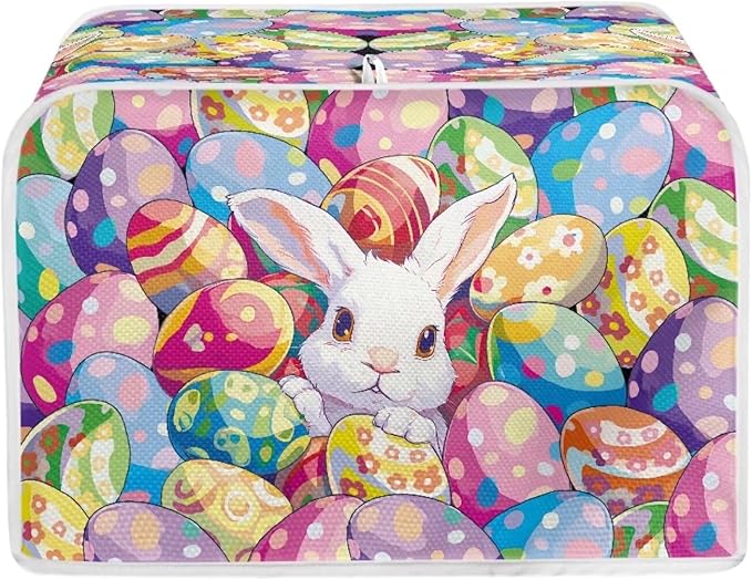 UNICEU Easter Colorful Eggs Cute Rabbit 2 Slice Quilted Toasters Cover, Dust-proof Toasters Cover Bread Maker Cover Kitchen Small Appliance Dust Cover