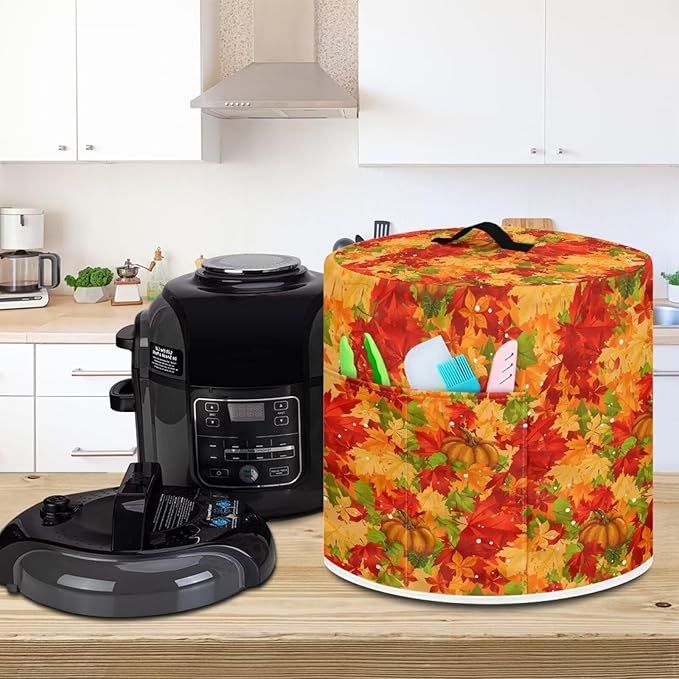 Insulated Pressure Cooker Appliance Dust Cover with Top Handle and Storage Pockets Kitchen Appliance Protector 6 Quart Rice Cooker, Thanksgiving Day Maple Leaf