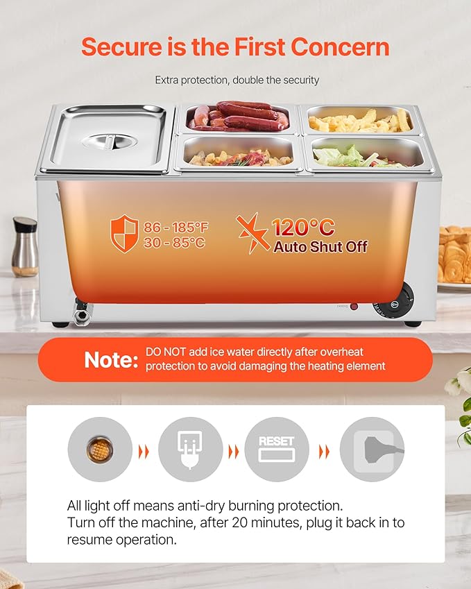 VEVOR 5-Pan Commercial Food Warmer, 24QT Electric Steam Table, 1200W Professional Countertop Stainless Steel Buffet Bain Marie with 86-185°F Temp Control for Catering and Restaurants, Silver