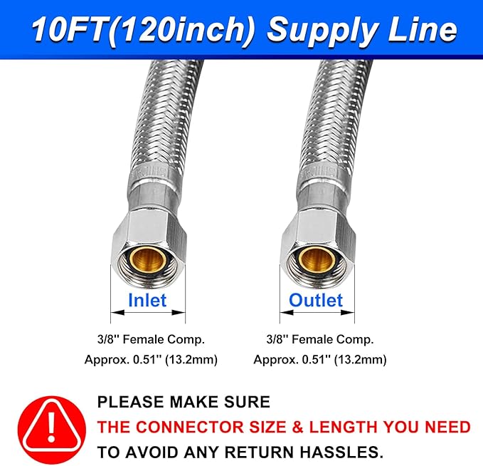 10FT Stainless Steel Braided Water Supply Line for Dishwasher, Brass 3/8 Inch Compression x 3/8 Inch Compression Connections, Food Grade PEX Inner Tube Water Hose