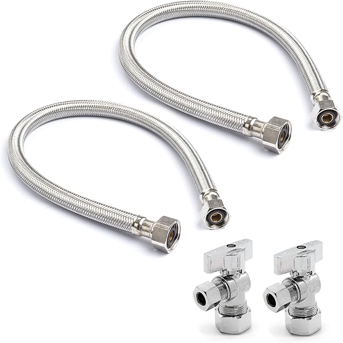 Stainless Steel Braided Water Connectors for Faucets, 3/8" Compression x 1/2" FIP, 16" Length (2Pack) + Supply Stop Valves, 5/8" x 3/8" Compression (2Pack)