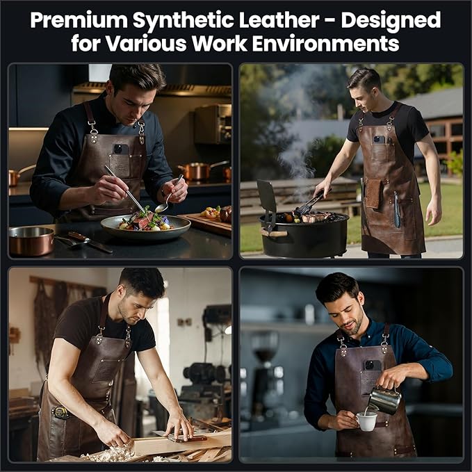 Leather Chef Cooking Apron for Men, Cross Back Apron for All-Day Comfort, Waterproof Apron with Multiple Pockets, Great for Kitchen, Baking, BBQ, Butcher Work or Crafts, Ideal Gift