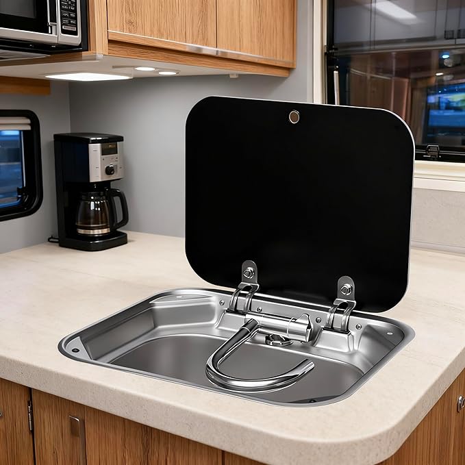 Folding RV Sink & Faucet Combo W/Lid, Bar Kitchen Sink 15 x 17 In Undermount Drop-in Sinks 304 Stainless Steel Single Bowl Workstation Sink Caravan Camper Van Boat Trailer Sink Hand Wash Basin