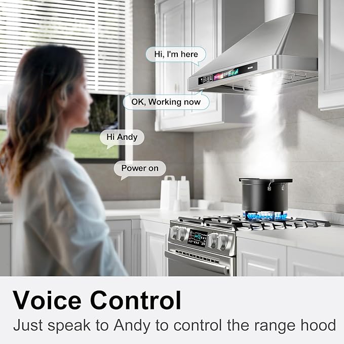 BRANO 30 Inch Wall Mount Range Hood 900 CFM with Voice/Gesture/Touch Control, Stainless Steel Vent Hood with 4 Speed, 4 Adjustable Lights, Ducted/Ductless Convertible