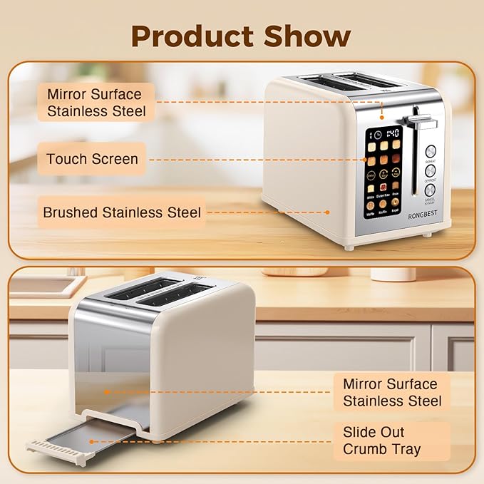2 Slice Easy Touch Screen Toaster, Stainless Steel Toaster with Wide Slots, Even Toasting for Bagels & Bread, Reheat & Defrost, Removable Crumb Tray, Cream Color