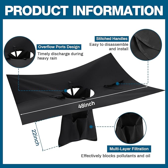 VIHOSE 1 Pack Storm Drain Filter 48" x 48" x 22" Catch Basin Insert Witches Hat Storm Drain Cover Oil and Sediment Guard with 4 Straps for Parking Lot Street Construction Site Industrial Plant