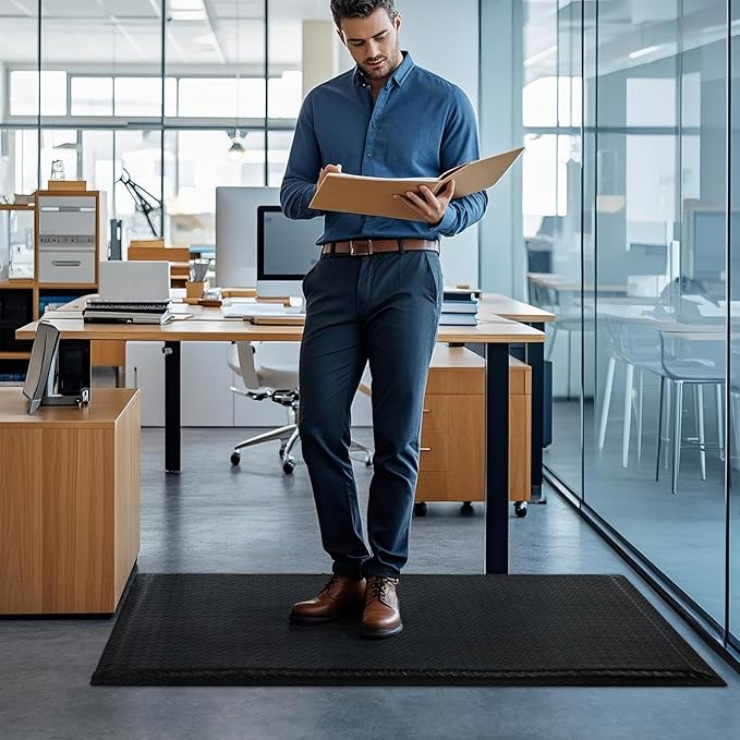 2 x 7 FT Anti Fatigue Mats Industrial 15/16 Inch Thick Soft Sponge Ergonomic Mat Durable Heavy Duty Diamond Plate for Standing Non Slip Industrial Grade Floor Mat for Leg & Back Pain (Black)