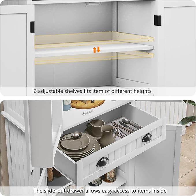 ARTPOWER 72" Pantry Storage Cabinet with Drawer, Freestanding Tall Cupboard Storage Cabinet, Utility Pantry with Door Shelves and 2 Adjustable Shelves for Kitchen, Dining Room,Living Room, White