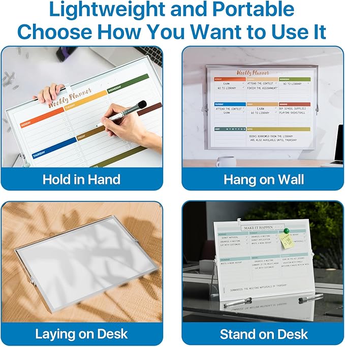 Dry Erase White Board with Stand,Double-Sided Whiteboard 16"x12", 10 Markers,6 Magnets, 1 Eraser,Portable Desktop Whiteboard for Planning,Colorful Weekly Schedule Board for School for Home