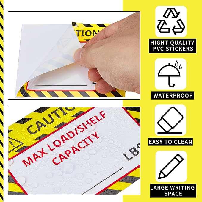 Zhanmai 100 Pcs Pallet Rack Capacity Labels 3 x 4 Inches Pallet Racking Caution Max Load Shelf LBS Warning Stickers Bright PVC Industrial Strength Sticker Warehouse Safety Forklift Cross Beam Safety