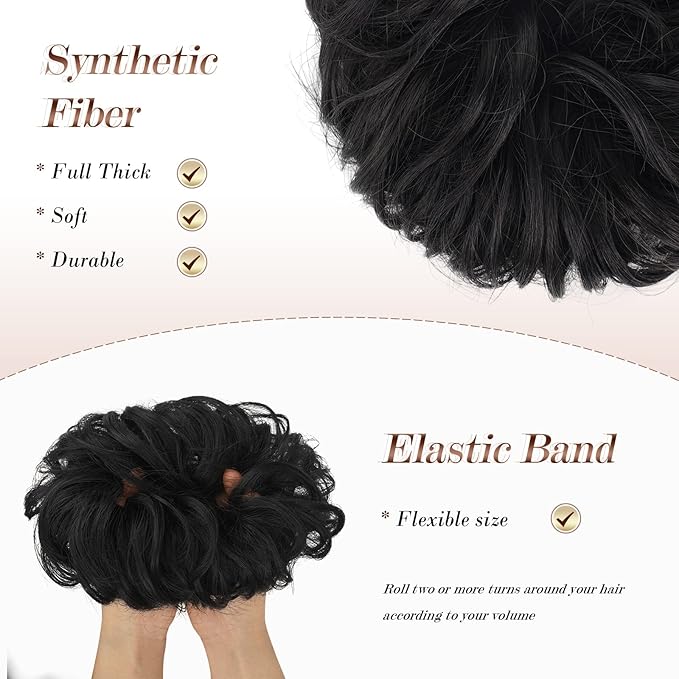 FESHFEN Large Messy Bun Hair Piece - Wavy Synthetic Chignon Scrunchies Elastic Ponytail Hair Extensions Thick Hairpieces for Women, Natural Black 1.94oz