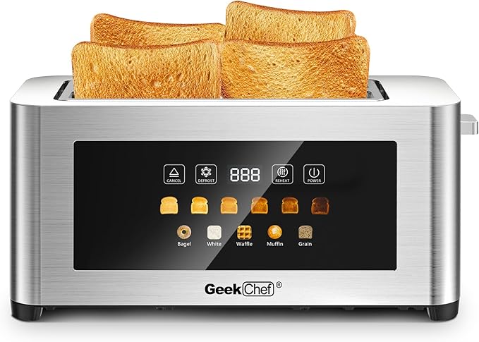 Geek Chef Toaster 4 Slice, Long Slots 1.5" Extra Wide Slots for Bagels & Waffles, TouchScreen, 6 Browning Levels, Timer, Defrost, Cancel Function, Auto Shut-Off, Removable Crumb Tray, Stainless Steel
