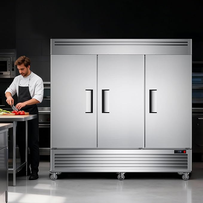Coolake 82" Commercial Reach-In Refrigerator 3 Solid Doors, 72 Cu.ft Stainless Steel Fan Cooling Upright Fridge 12 Adjustable Shelves, Commercial Fridge for Restaurant Kitchen Cafe Grocery Store