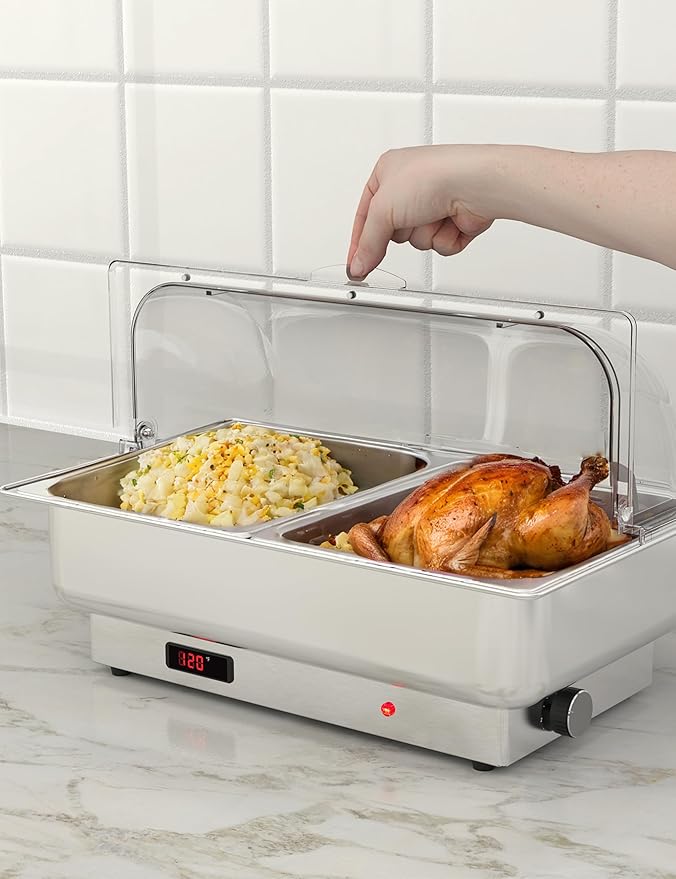 GarveeHome 2 Pack Electric Chafing Dishes Buffet Set, Roll Top Catering Chafer Server Food Warmer with Cover and 1 Full-Size Pan & 2 Half-Size Pans for Party Wedding Banquet