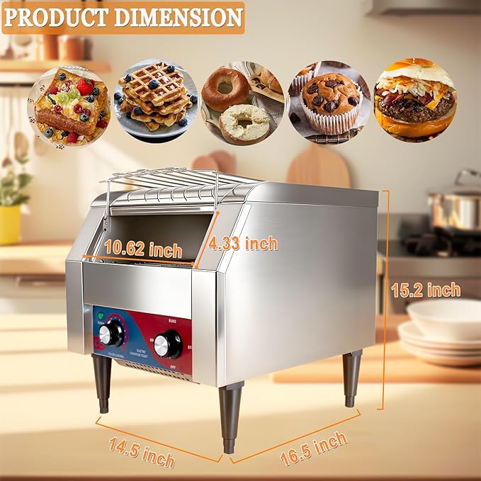 CTJ Commercial Toaster 300 Slices/Hour Electric Conveyor Belt Toaster Heavy Duty Stainless Steel Rotating Toasters Machince for Croissants Bun, Bagel, Bread