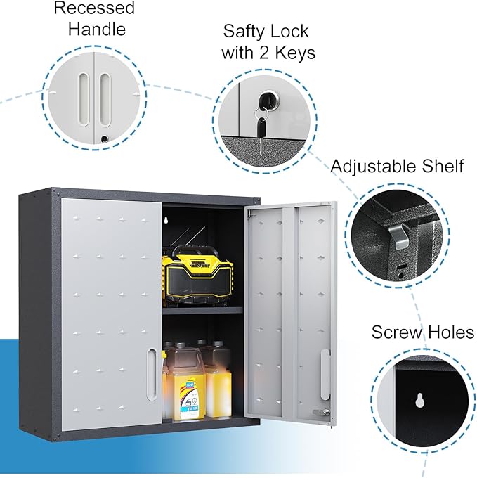 Garage Storage Cabinet Wall Cabinet with 2 Doors,Lockable Tool Cabinets Wall Mounted with Adjustale Shelves,Heavy Duty Steel Hanging Cabinets for Warehouse Kitchen Laundry,Assembly Required
