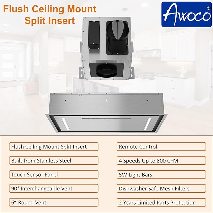 Awoco 30”W Flush Ceiling Mount Split Insert Range Hood, Stainless Steel 4 Speeds 800 CFM, 6” Round Vent LED Lights Remote Control (30"W 19"D 6" Vent)