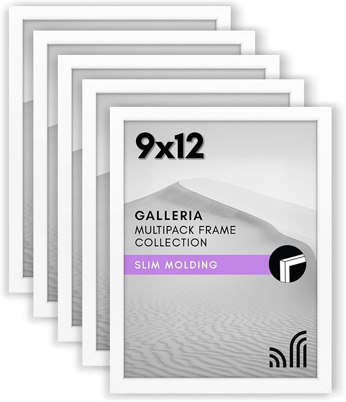 Americanflat 9x12 Picture Frame with Polished Plexiglass - Set of 5 - Use as 6x8 Frame with Mat or Display 9x12 Photo Without Mat - Galleria Collection - Picture Frames for Wall Display - White