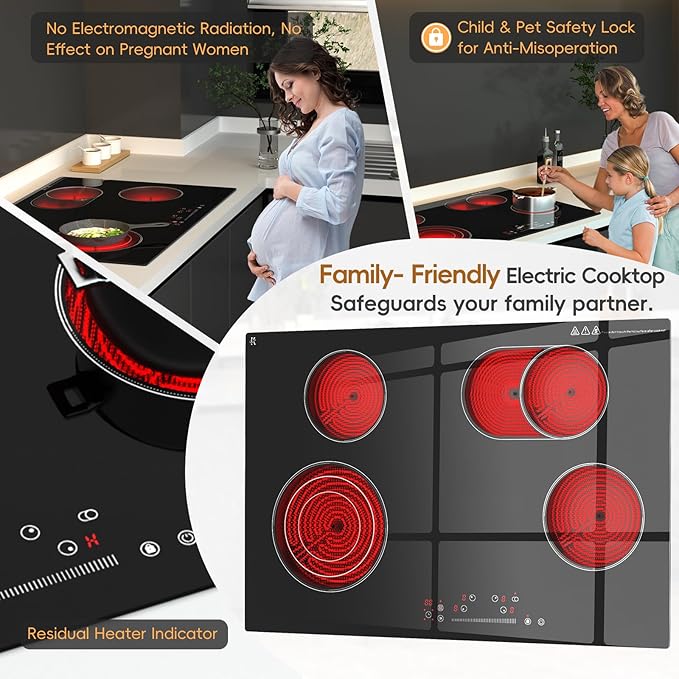 30 inch Electric Cooktop 4 Burner, 7200W Built-in Stove Top Burner with Sensor Touch Control, Radiant Electric Ceramic Cooktop with Safety Lock, 9 Level Power, 99 Min Timer - Hard Wire