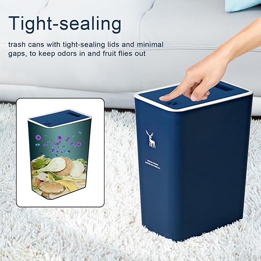 XPIY Trash Can with Lid, 2 Pack 4 Gallons/15 Liters Garbage Can with Press Top, Small Trash Can Dog Proof, Plastic Trash Bin, Waste Basket for Bathroom|Kitchen|Bedroom|Office (2, Blue)