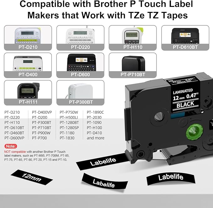 Labelife Black Label Tape TZe-335 Replacement for Brother P Touch Label Maker Tape White on Black TZe TZ Tape 12mm 0.47 Laminated Black Label Tape TZe335 for Brother PT-D220 PT-D210 PT-H110, 5-Pack
