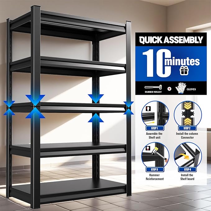 Garage Shelving 5-Tier Adjustable Metal Garage Shelves Heavy Duty Unit,3000 LBS Steel Shelf Storage Rack Suitable for Industries,Warehouses,Basement,Black (72''H x 59''W x 20''D)