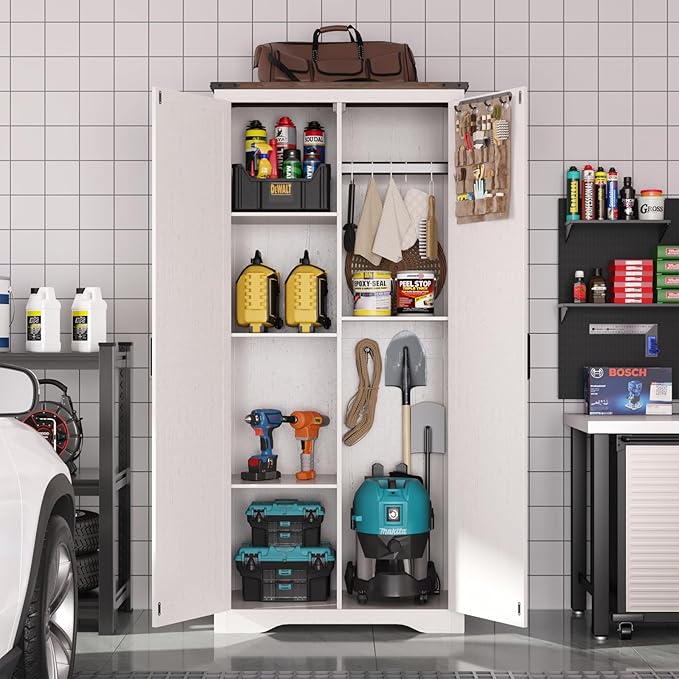 69" Tall Storage Cabinet with Adjustable Shelves, Farmhouse Pantry Organize with 2 Barn Doors, Large Freestanding Cabinet for Kitchen, Garage, Basement, Living, Utility Room, Off-White