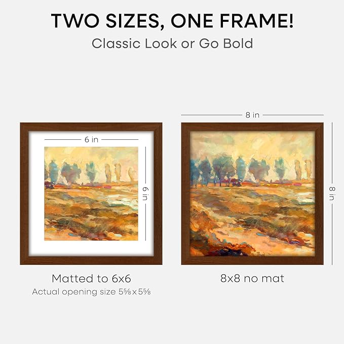 Homeforia 8x8 Picture Frame Brown, High-End Dark Oak 8 x 8 Square Brown Wood Frame with Mat 6 by 6 for Art, 8by8 Wooden Walnut Poster Frame Matted to 6x6 inch Photo, Tempered Glass, Wall Kit, Set of 3