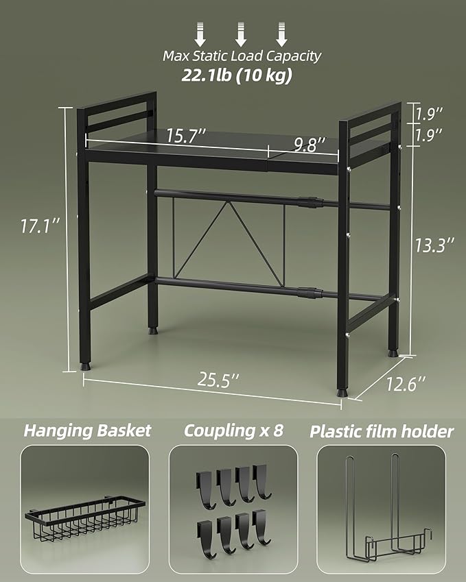 NETEL Expandable Microwave Stand,2 Tier Metal Kitchen Countertop Organizer Shelves with Paper Towel Holder and Baskets,Bakers Rack,Microwave Shelf,Microwave Oven Rack,55lbs Weight Capacity