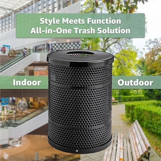 32 Gallon Perforated Recycle Container with Flat Lid, Steel Outdoor Heavy-Duty Commercial Trash Can, Black Round Waste Bin, Durable Garbage Can for Municipalities, Schools, Parks, Parking