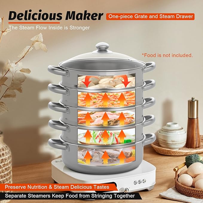 Stainless Steel Steamer Pot, 11.8-Inch Steamer for Cooking, 5-Tier Food Steam Pots with Lid for Cooking Vegetables, Seafood, Soups, Stews, Dumplings and Pasta