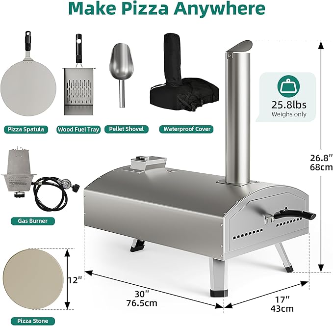YTIAHOME 12" Pizza Oven, Multi-Fuel Outdoor Pizza Oven with Rotating and Built-in Thermometer, Dual Fuel Pizza Maker with Peel, Stone, Carry Cover, Recipes for Backyard Party Christmas Gifts