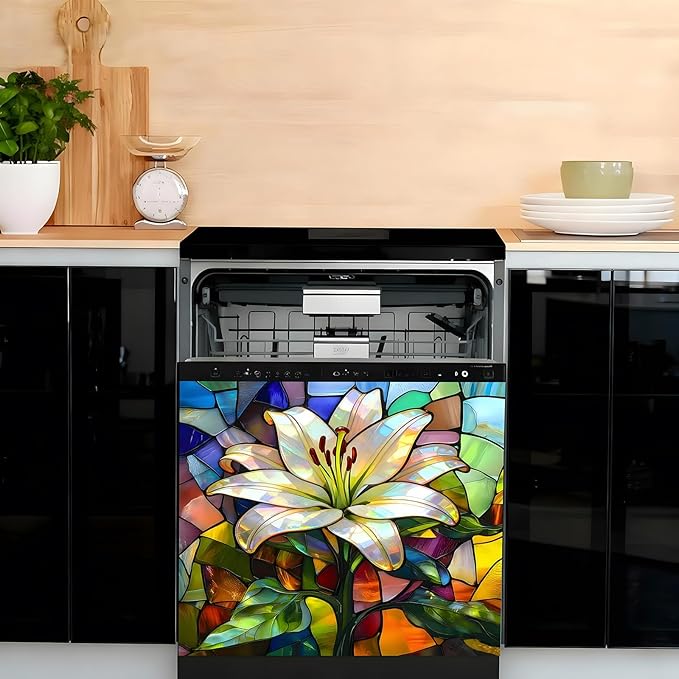 Dishwasher Magnet Cover, Creative Patterns Sticker, Dishwasher Magnetic Decoration, Refrigerator Protection Decoration, Lily, Kitchen Art Decoration 23x25.5 inches